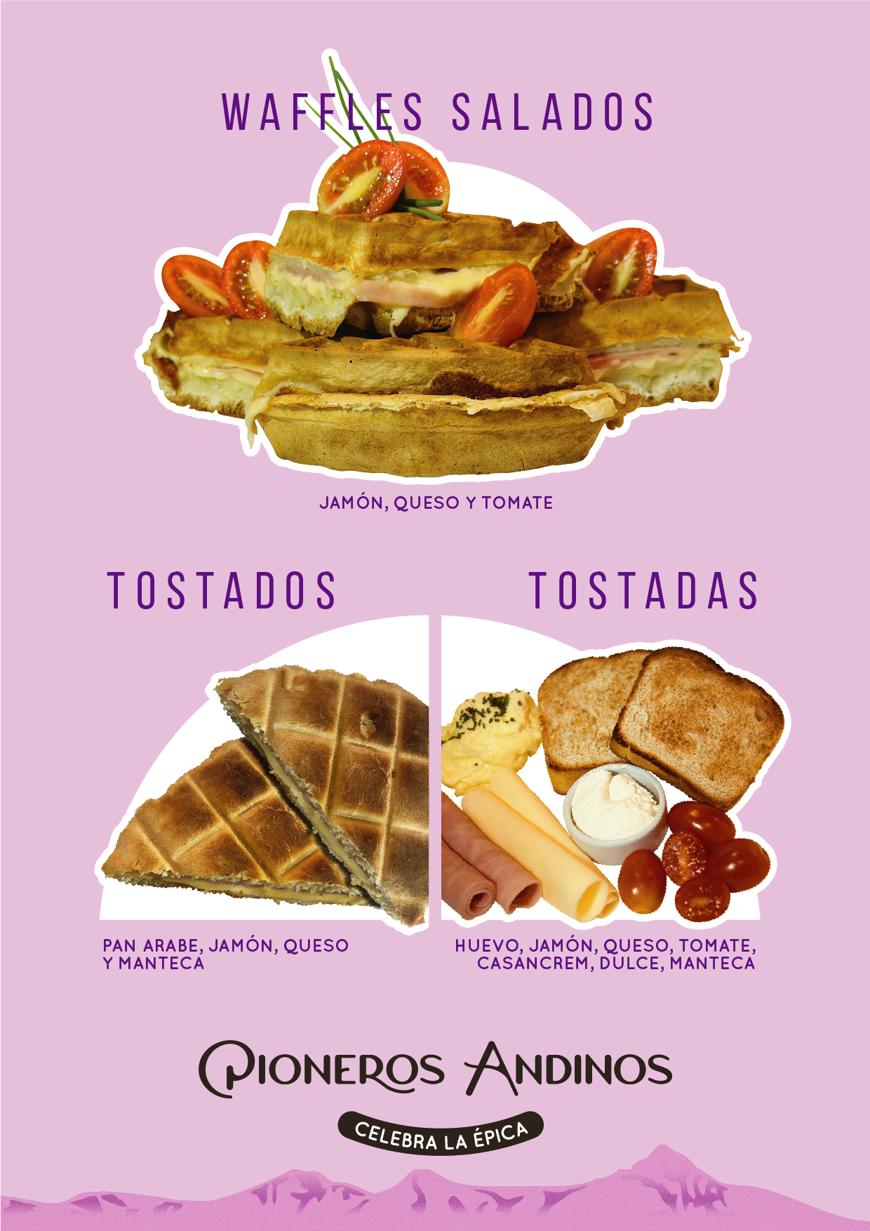 Pioneros Andinos, carta de waffles saladosm sandwiches y pan tostado