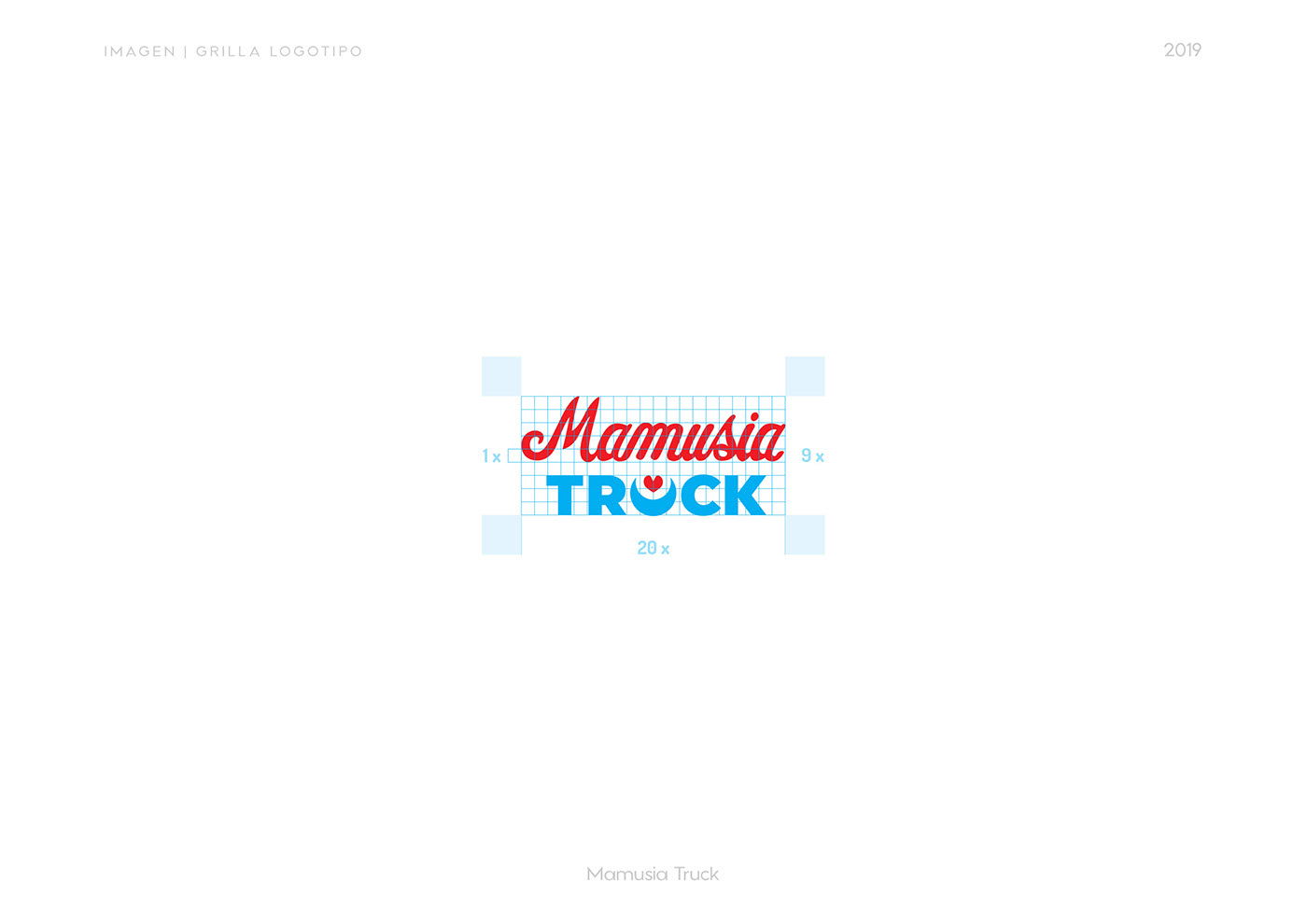 Mamusia TRUCK, logotipo, grilla constructiva y espacio de seguridad.