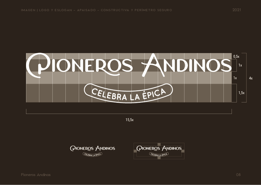 Pioneros Andinos, logotipo apaisado, grilla constructiva, espacio de seguridad y reducción sobre fondo oscuro.