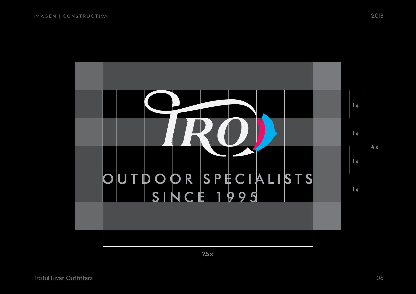 TRO: Traful River Outfitters, grilla constructiva del logotipo.