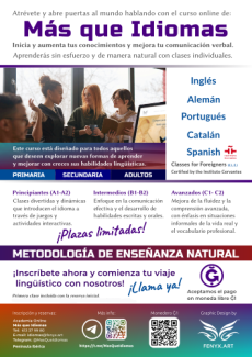 Cartel promocional del curso de idiomas online por la academia Más que Idiomas. Destacando los idiomas ofrecidos, beneficios del aprendizaje, niveles disponibles y una oferta de descuento por matrícula.