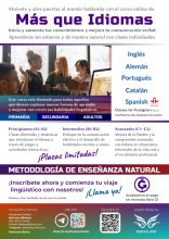 Cartel promocional del curso de idiomas online por la academia Más que Idiomas. Destacando los idiomas ofrecidos, beneficios del aprendizaje, niveles disponibles y una oferta de descuento por matrícula.